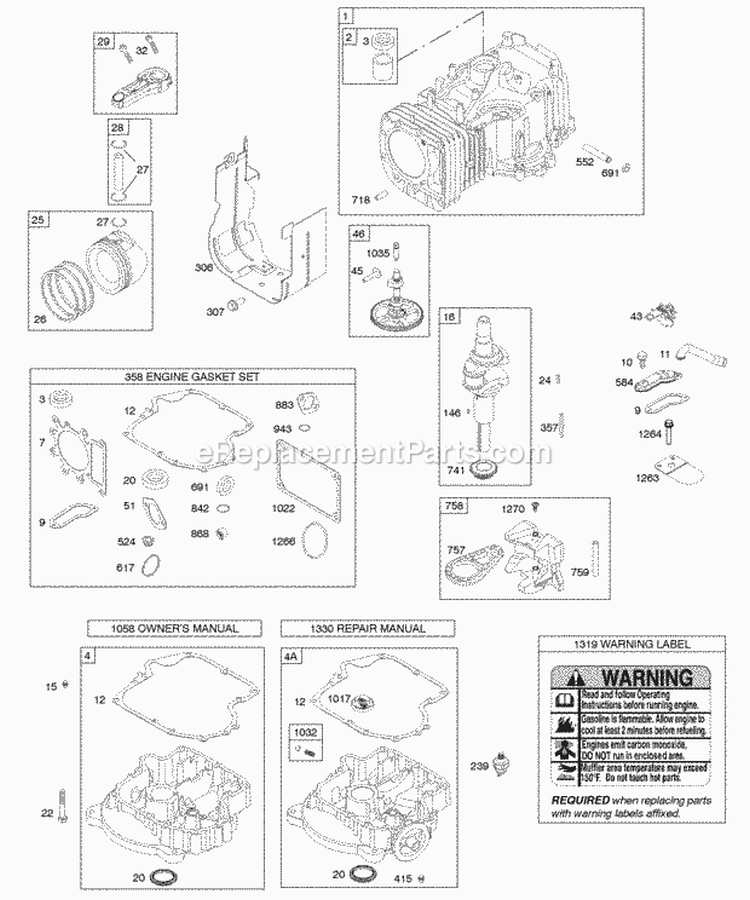 Camshaft Crankshaft Cylinder Engine Sump Gasket Set - Engine Piston Rings Connecting Rod Diagram and Parts List for 282H07-0110-E1  Briggs and Stratton Engine